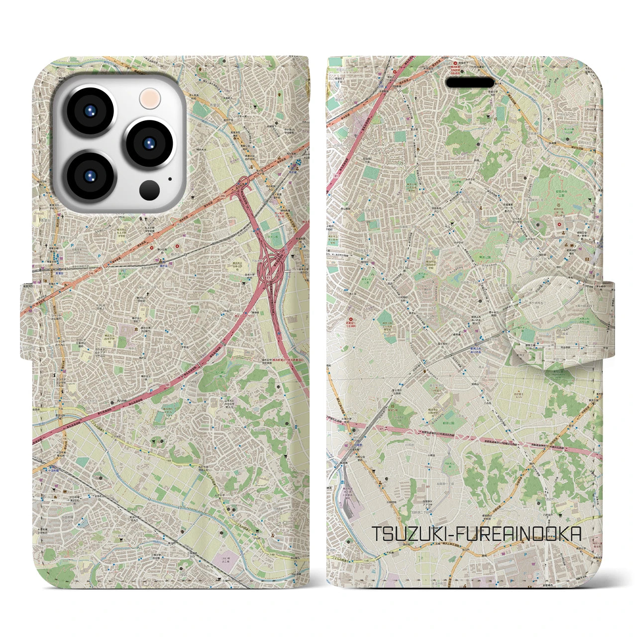 【都筑ふれあいの丘】地図柄iPhoneケース（手帳両面タイプ・ナチュラル）iPhone 13 Pro 用