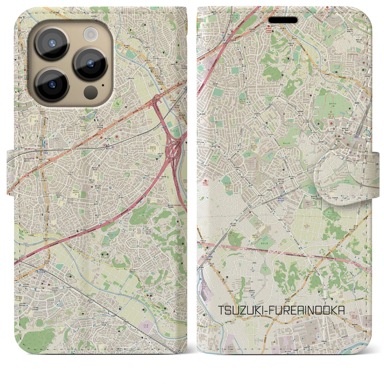 【都筑ふれあいの丘】地図柄iPhoneケース（手帳両面タイプ・ナチュラル）iPhone 14 Pro Max 用