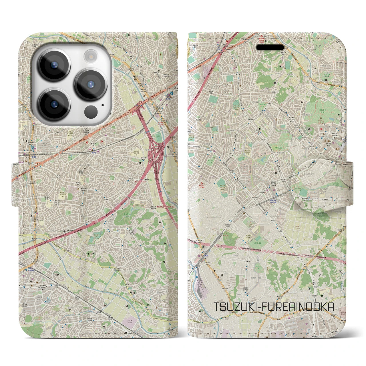 【都筑ふれあいの丘】地図柄iPhoneケース（手帳両面タイプ・ナチュラル）iPhone 14 Pro 用