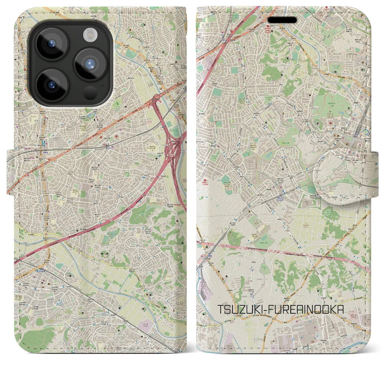【都筑ふれあいの丘】地図柄iPhoneケース（手帳両面タイプ・ナチュラル）iPhone 15 Pro Max 用