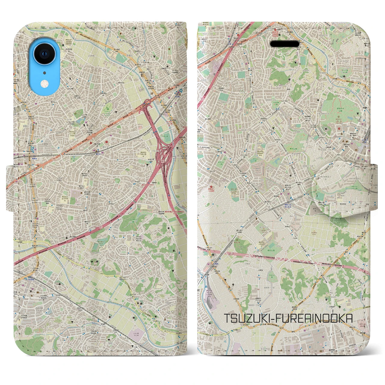 【都筑ふれあいの丘】地図柄iPhoneケース（手帳両面タイプ・ナチュラル）iPhone XR 用