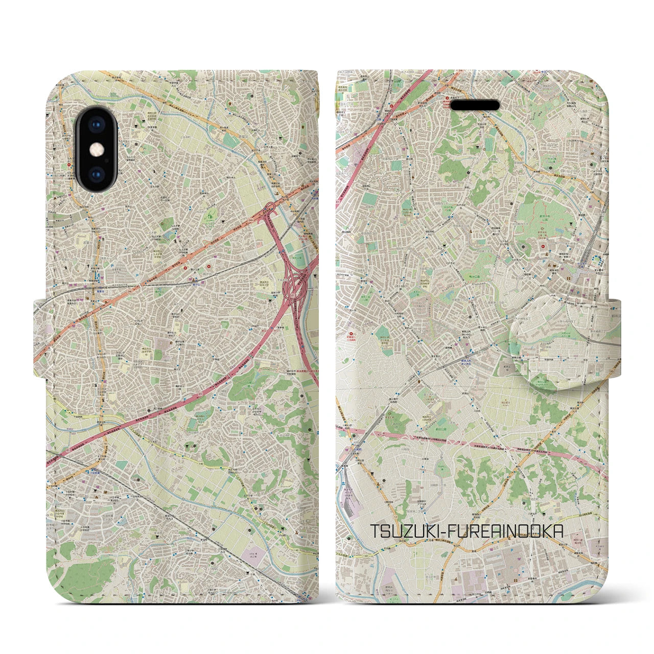 【都筑ふれあいの丘】地図柄iPhoneケース（手帳両面タイプ・ナチュラル）iPhone XS / X 用