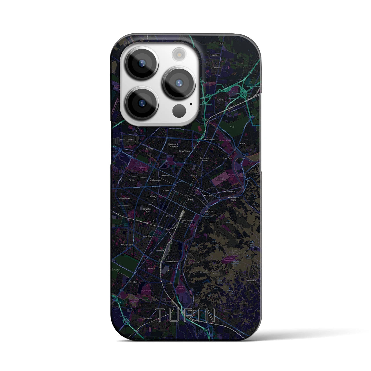 【トリノ】地図柄iPhoneケース（バックカバータイプ・ブラック）iPhone 14 Pro 用