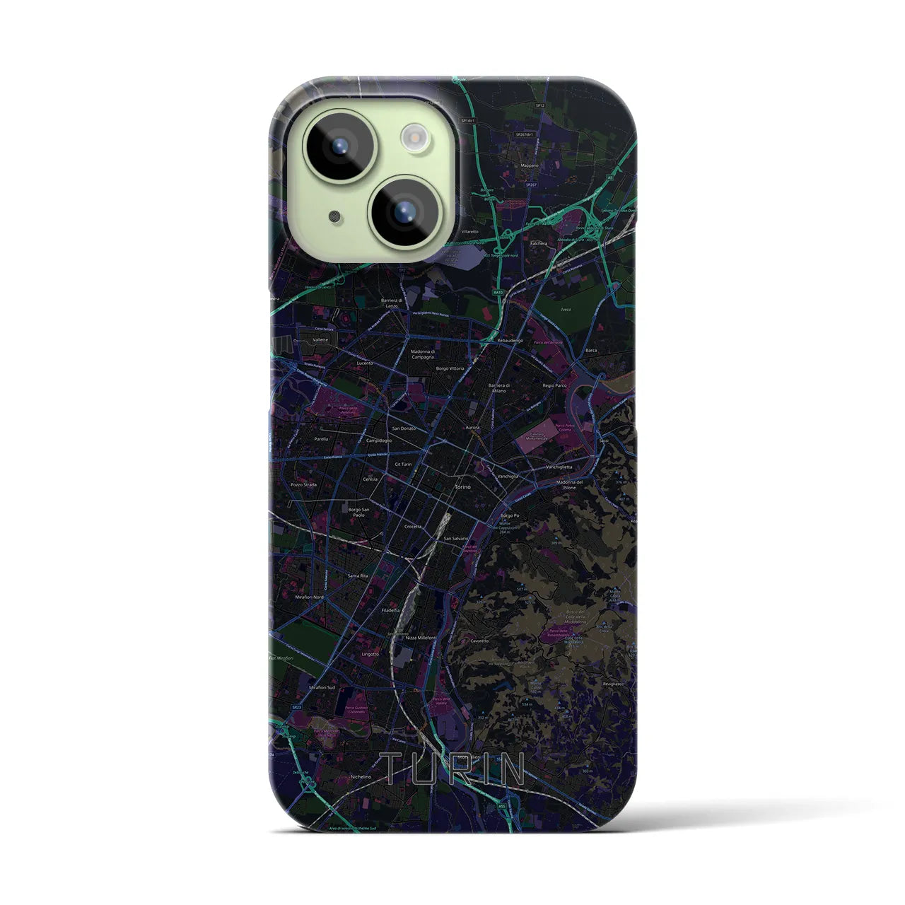 【トリノ】地図柄iPhoneケース（バックカバータイプ・ブラック）iPhone 15 用