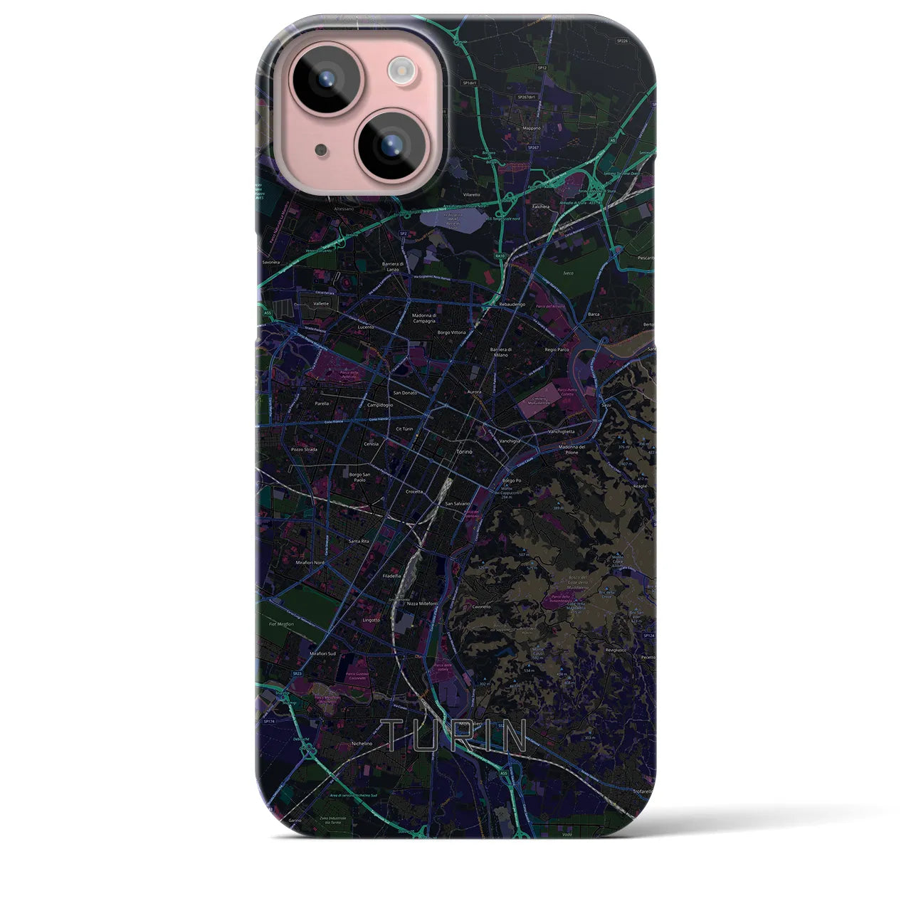 【トリノ】地図柄iPhoneケース（バックカバータイプ・ブラック）iPhone 15 Plus 用