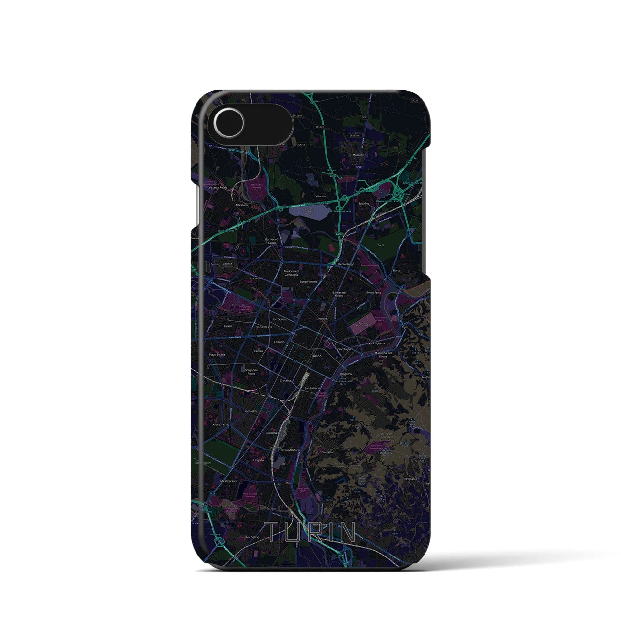 【トリノ】地図柄iPhoneケース（バックカバータイプ・ブラック）iPhone SE（第3 / 第2世代） / 8 / 7 / 6s / 6 用