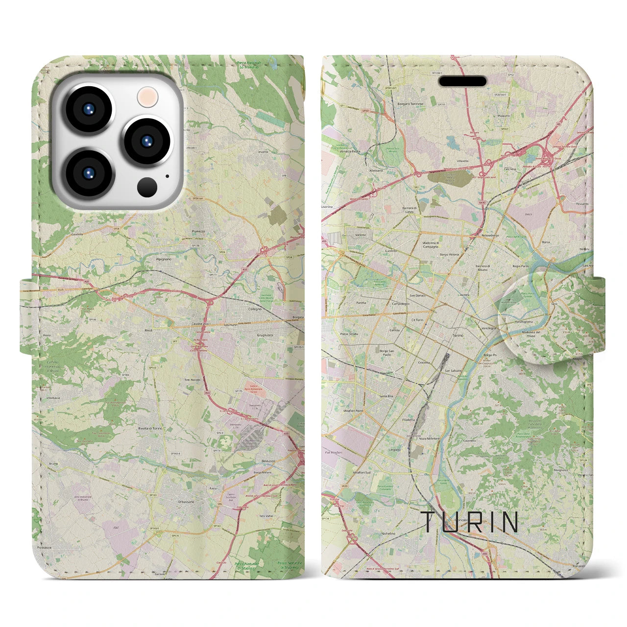 【トリノ】地図柄iPhoneケース（手帳両面タイプ・ナチュラル）iPhone 13 Pro 用