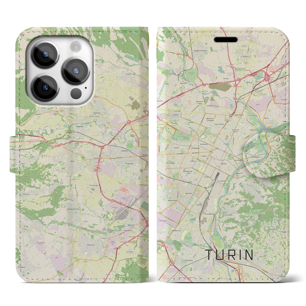 【トリノ】地図柄iPhoneケース（手帳両面タイプ・ナチュラル）iPhone 14 Pro 用