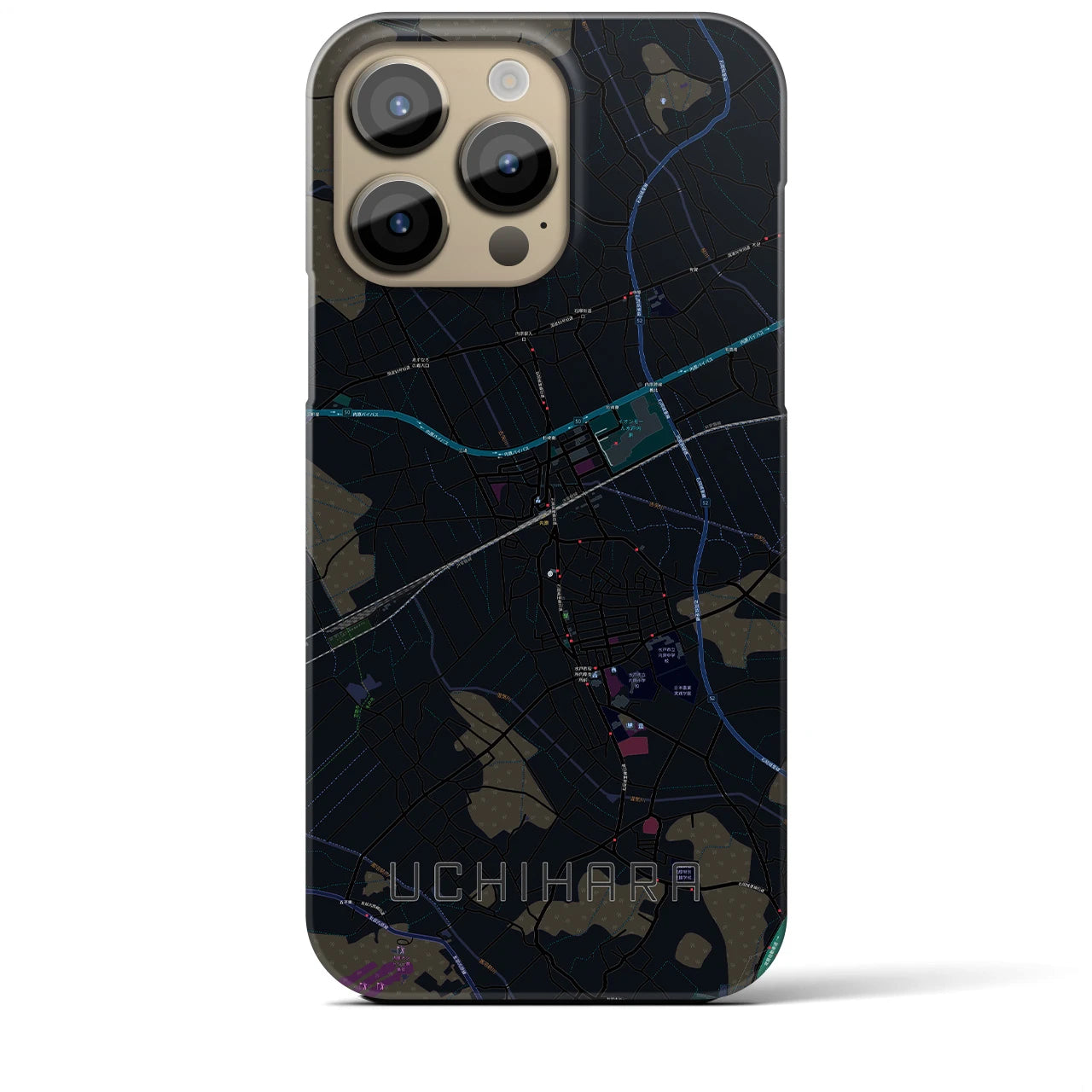 【内原】地図柄iPhoneケース（バックカバータイプ・ブラック）iPhone 14 Pro Max 用