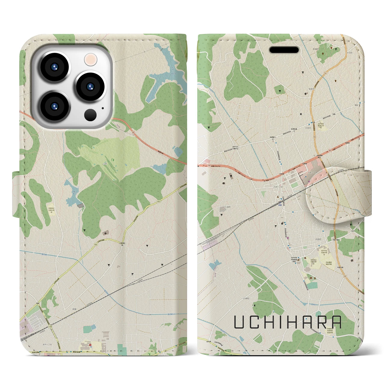 【内原】地図柄iPhoneケース（手帳両面タイプ・ナチュラル）iPhone 13 Pro 用