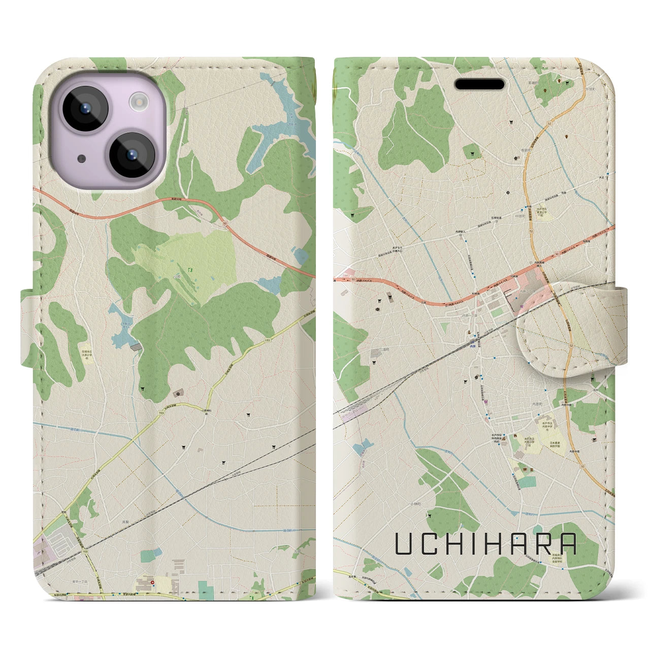 【内原】地図柄iPhoneケース（手帳両面タイプ・ナチュラル）iPhone 14 用