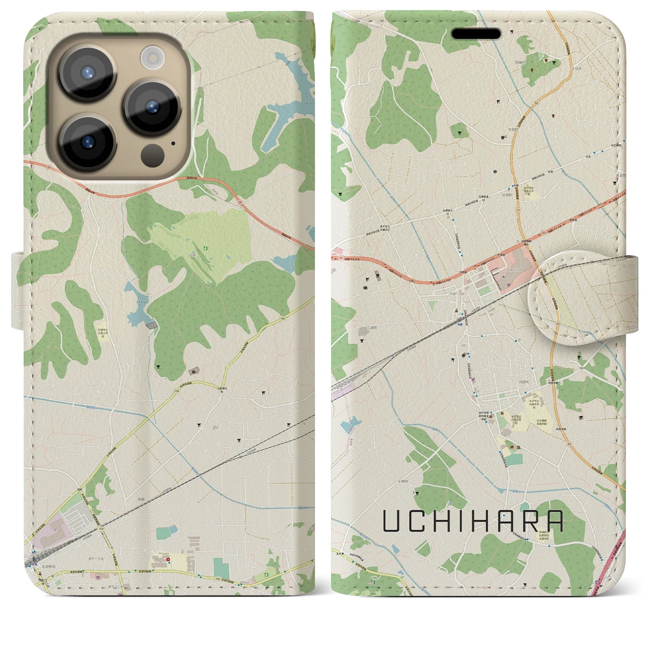 【内原】地図柄iPhoneケース（手帳両面タイプ・ナチュラル）iPhone 14 Pro Max 用