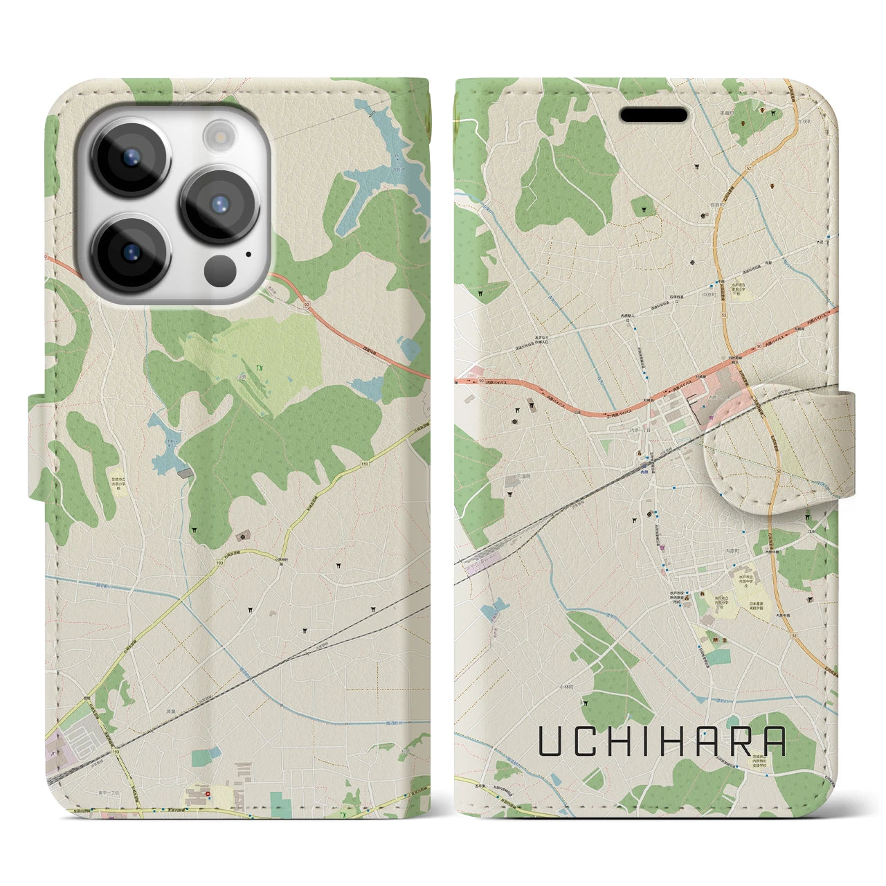 【内原】地図柄iPhoneケース（手帳両面タイプ・ナチュラル）iPhone 14 Pro 用