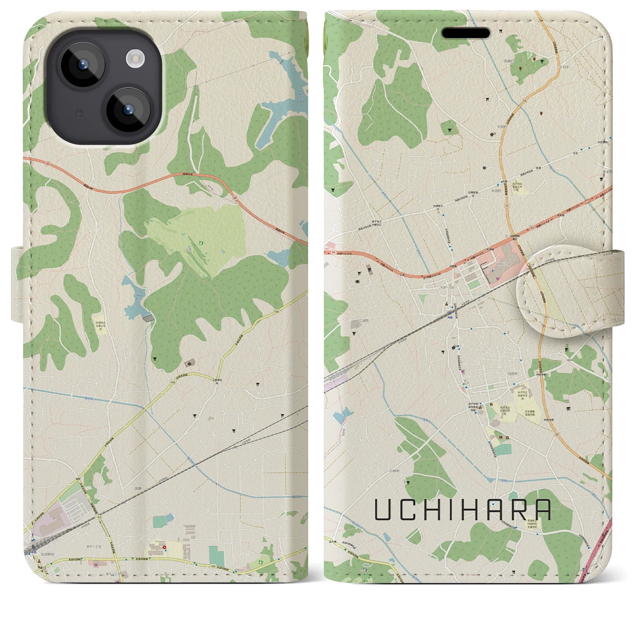 【内原】地図柄iPhoneケース（手帳両面タイプ・ナチュラル）iPhone 14 Plus 用