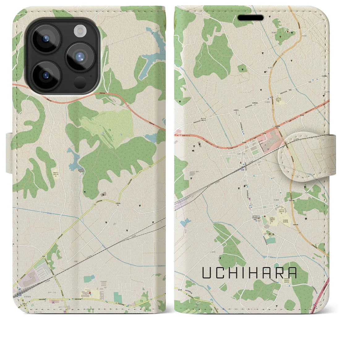 【内原】地図柄iPhoneケース（手帳両面タイプ・ナチュラル）iPhone 15 Pro Max 用