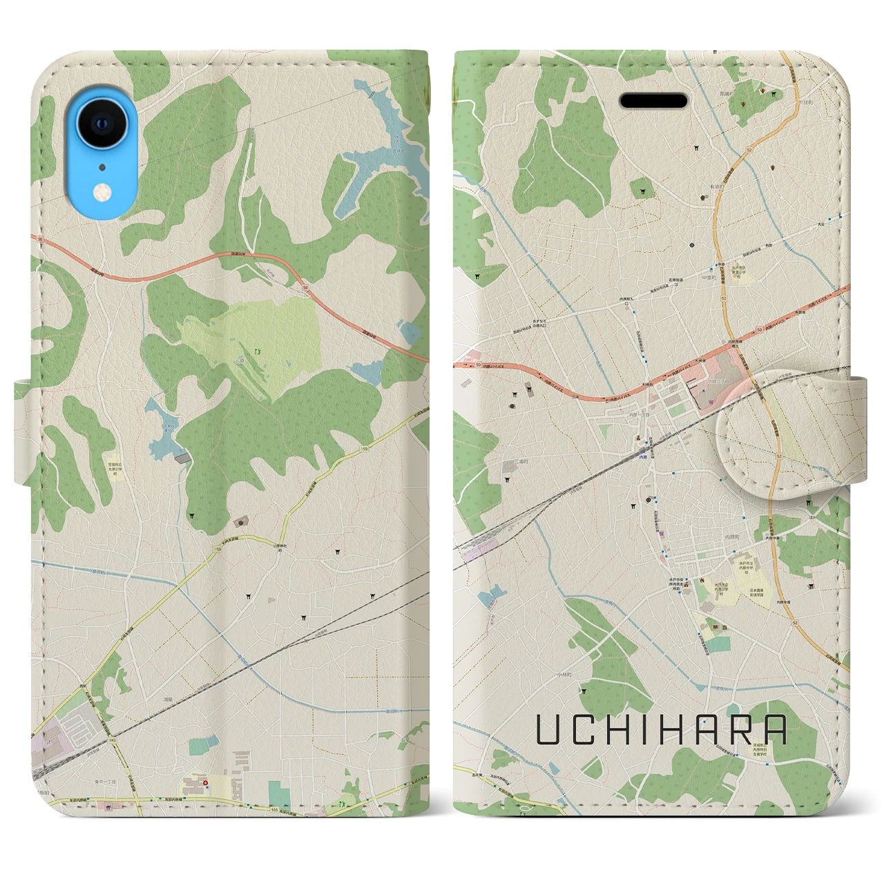 【内原】地図柄iPhoneケース（手帳両面タイプ・ナチュラル）iPhone XR 用