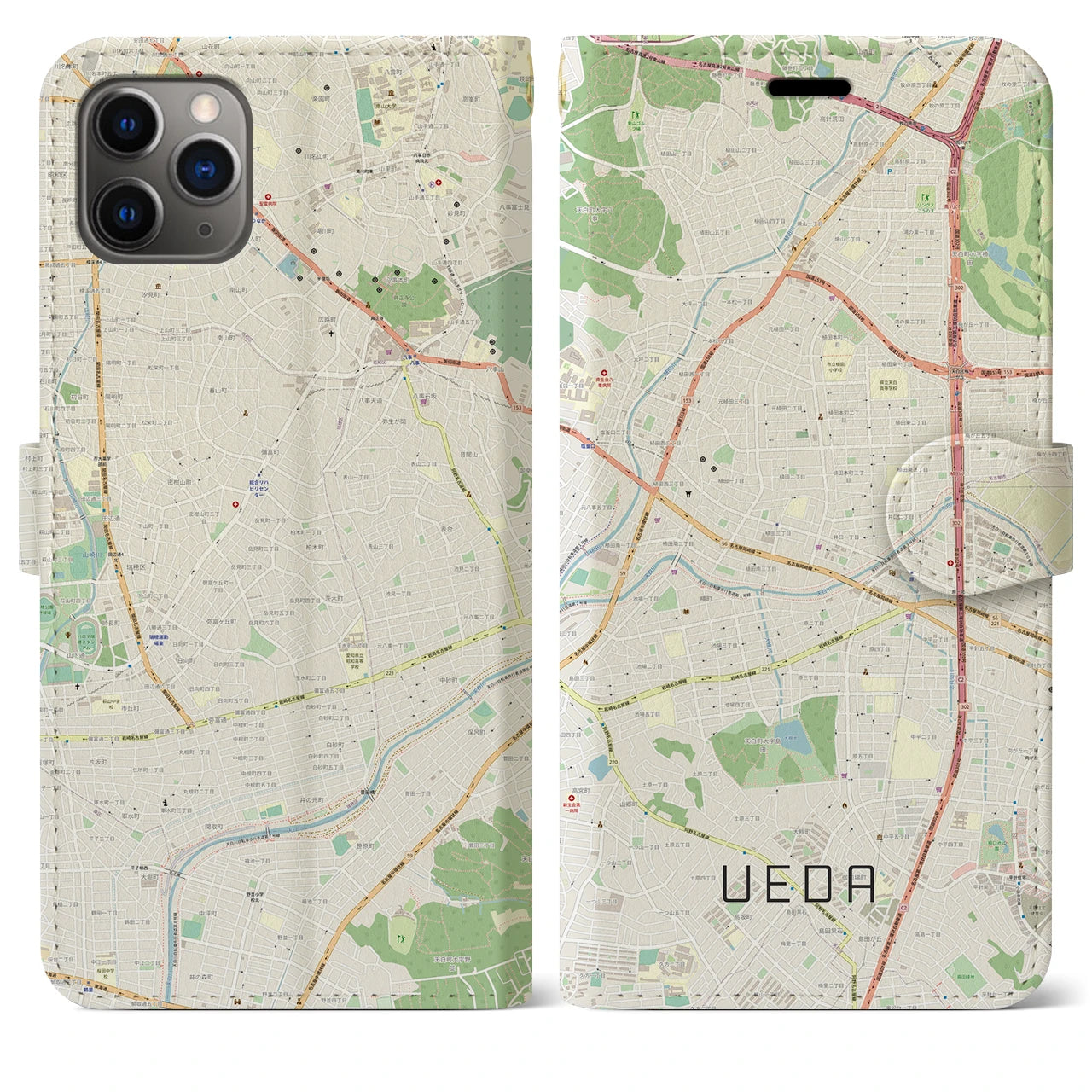 【植田】地図柄iPhoneケース（手帳両面タイプ・ナチュラル）iPhone 11 Pro Max 用