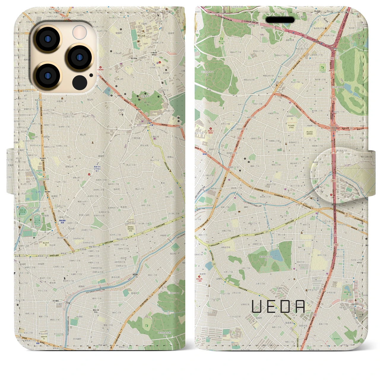 【植田】地図柄iPhoneケース（手帳両面タイプ・ナチュラル）iPhone 12 Pro Max 用