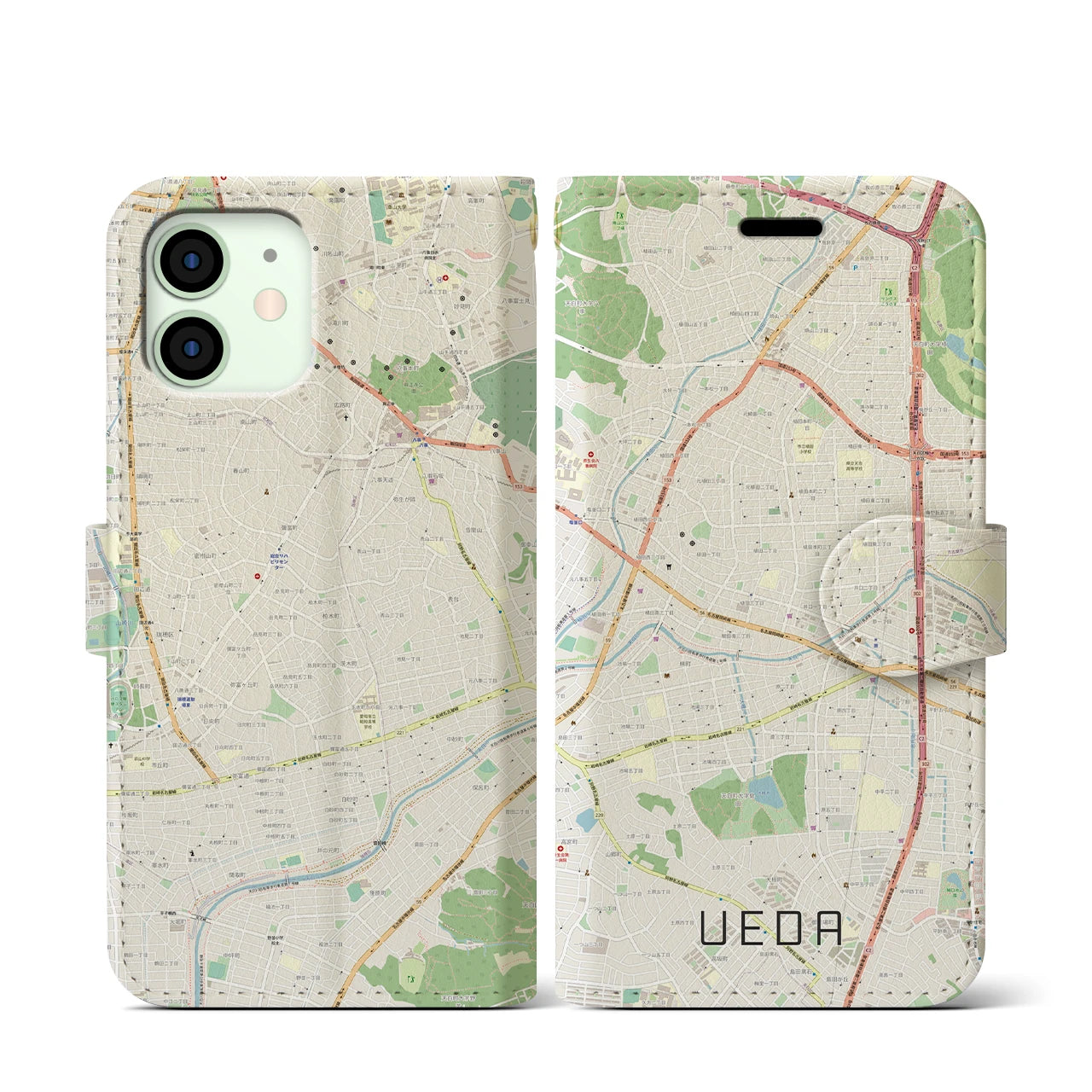 【植田】地図柄iPhoneケース（手帳両面タイプ・ナチュラル）iPhone 12 mini 用
