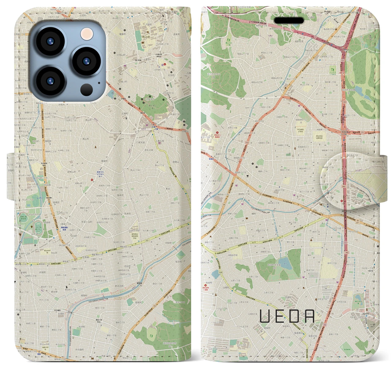 【植田】地図柄iPhoneケース（手帳両面タイプ・ナチュラル）iPhone 13 Pro Max 用
