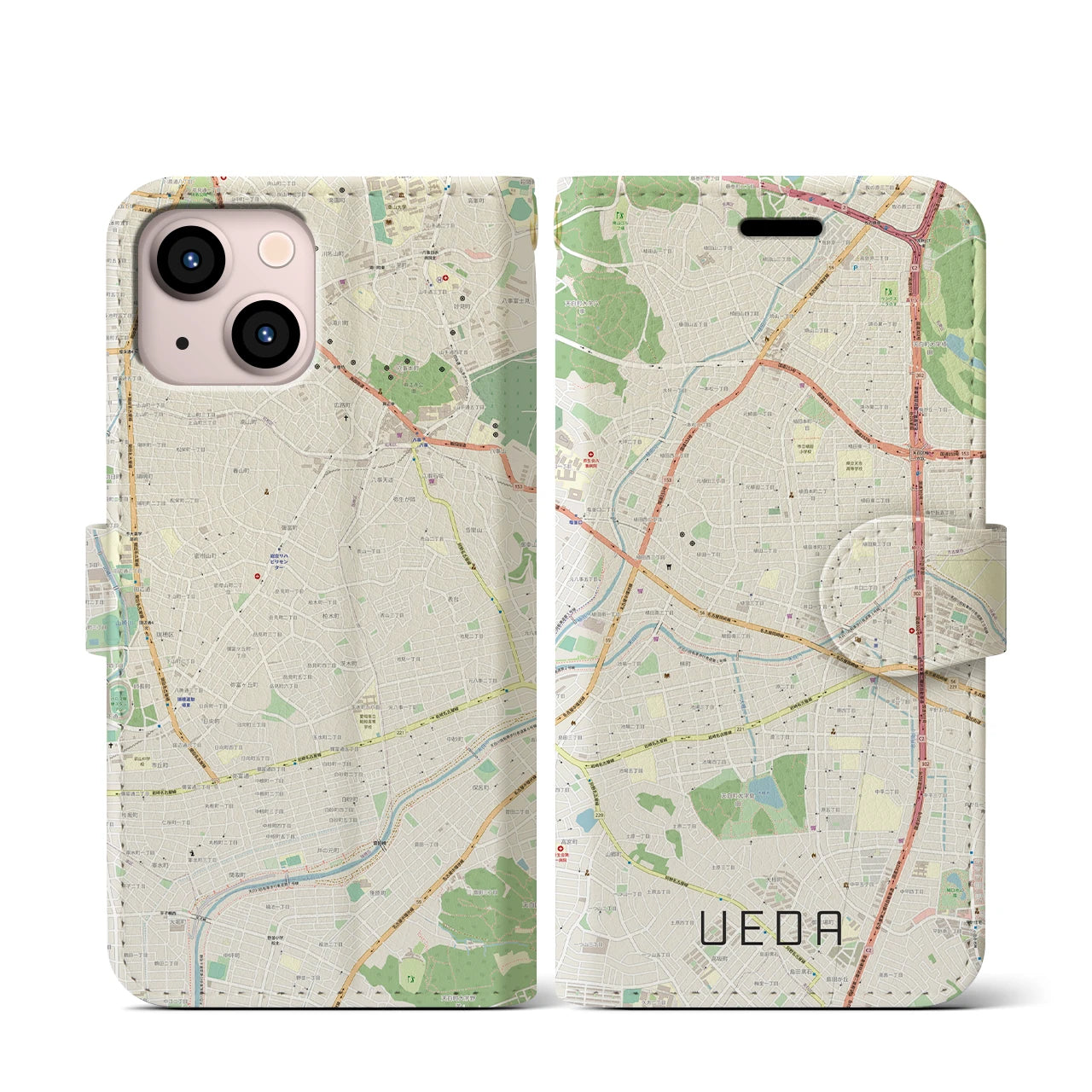 【植田】地図柄iPhoneケース（手帳両面タイプ・ナチュラル）iPhone 13 mini 用