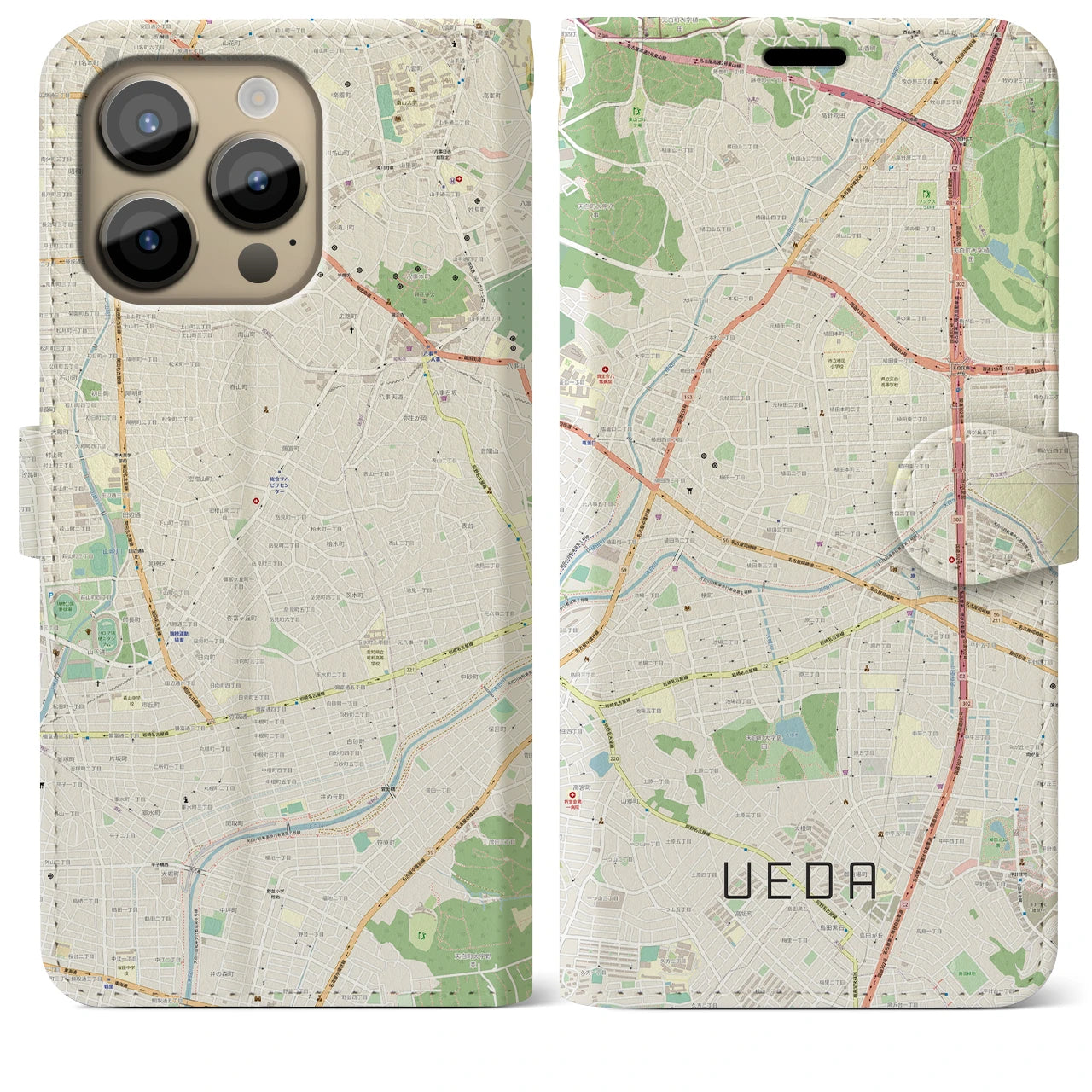 【植田】地図柄iPhoneケース（手帳両面タイプ・ナチュラル）iPhone 14 Pro Max 用