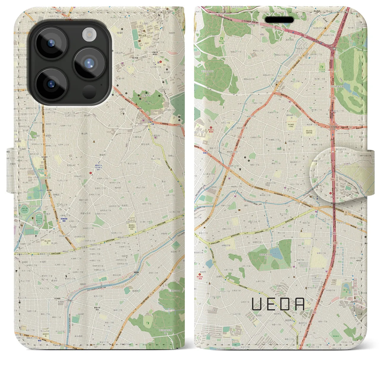 【植田】地図柄iPhoneケース（手帳両面タイプ・ナチュラル）iPhone 15 Pro Max 用