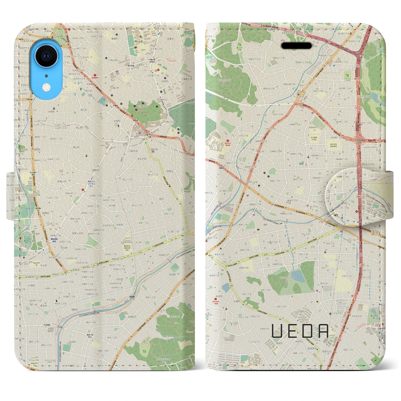 【植田】地図柄iPhoneケース（手帳両面タイプ・ナチュラル）iPhone XR 用