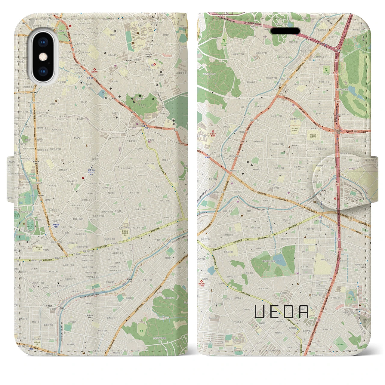 【植田】地図柄iPhoneケース（手帳両面タイプ・ナチュラル）iPhone XS Max 用