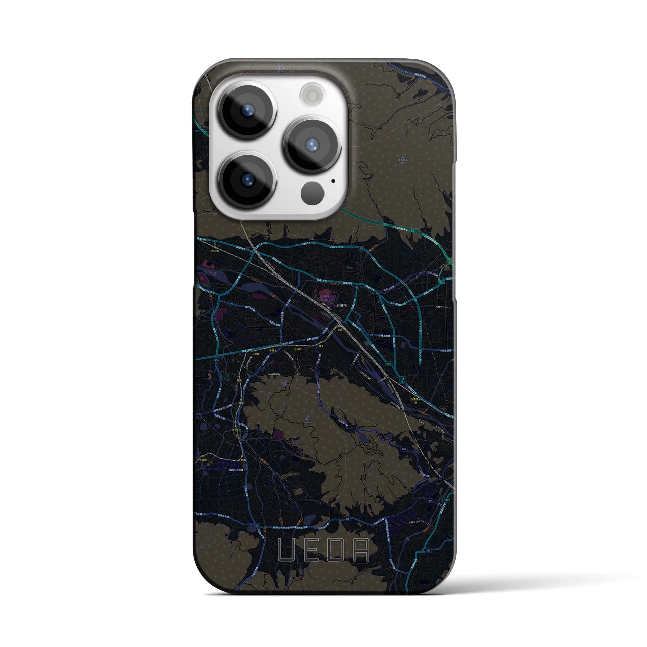 【上田】地図柄iPhoneケース（バックカバータイプ・ブラック）iPhone 14 Pro 用