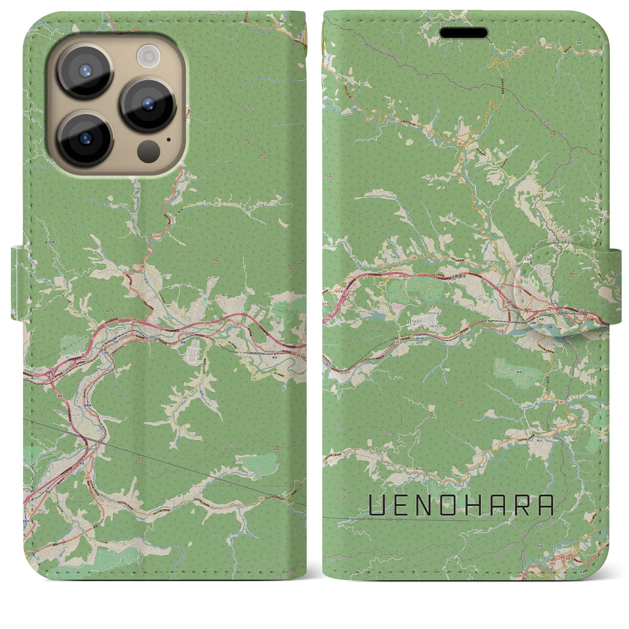 【上野原】地図柄iPhoneケース（手帳両面タイプ・ナチュラル）iPhone 14 Pro Max 用