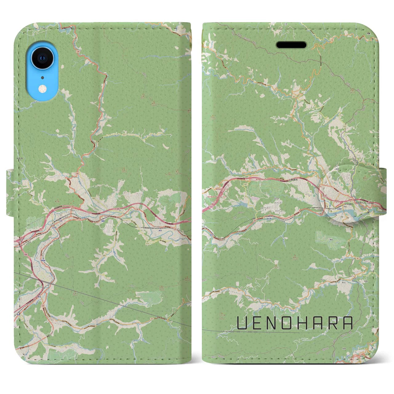 【上野原】地図柄iPhoneケース（手帳両面タイプ・ナチュラル）iPhone XR 用