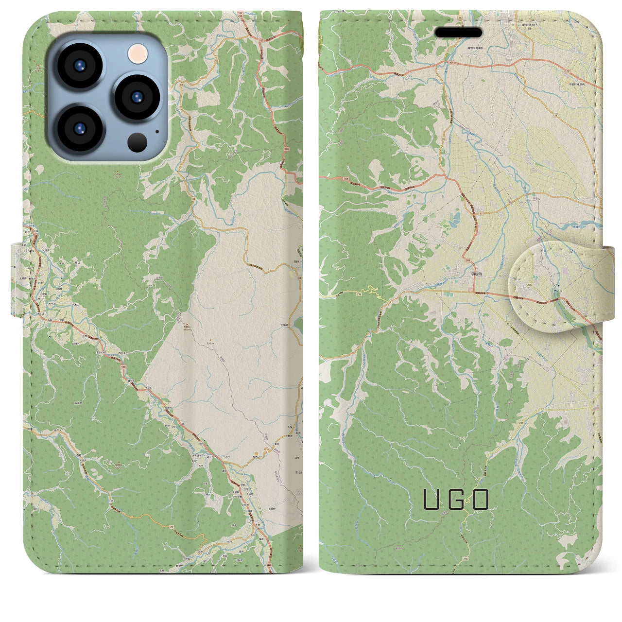 【羽後】地図柄iPhoneケース（手帳両面タイプ・ナチュラル）iPhone 13 Pro Max 用