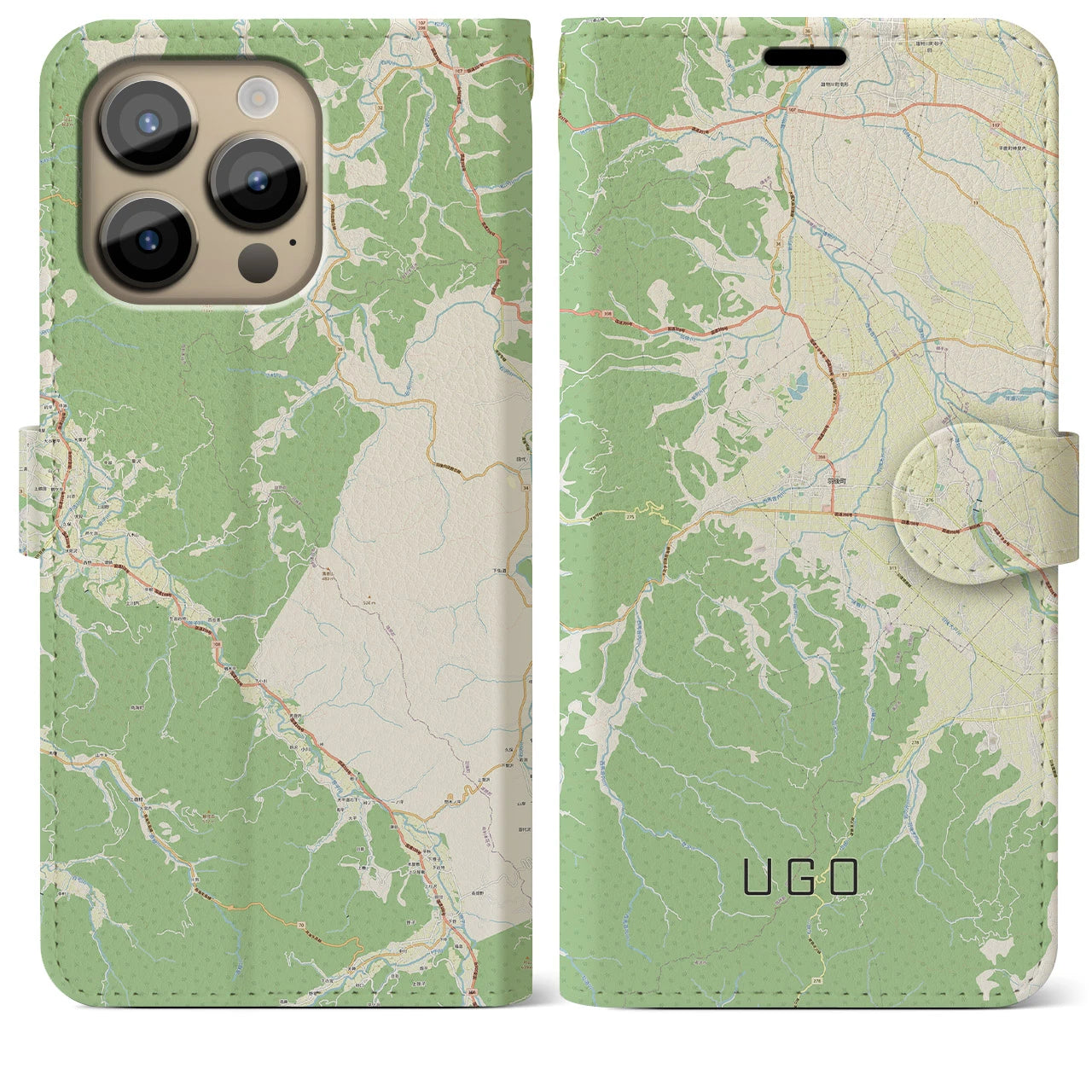 【羽後】地図柄iPhoneケース（手帳両面タイプ・ナチュラル）iPhone 14 Pro Max 用