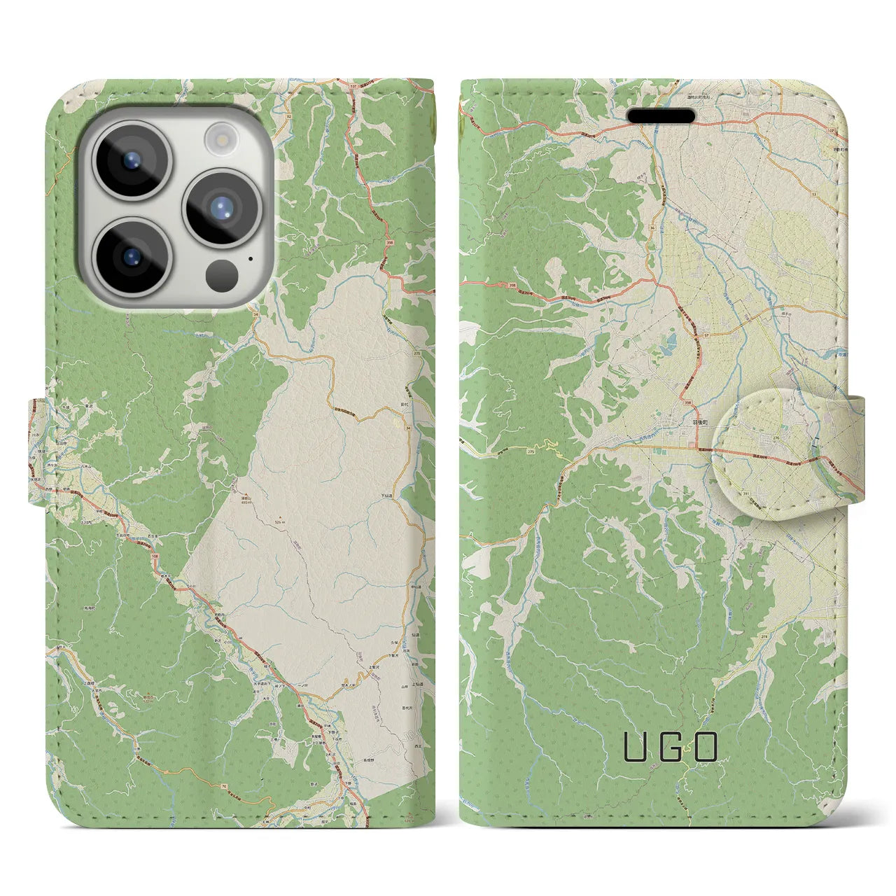 【羽後】地図柄iPhoneケース（手帳両面タイプ・ナチュラル）iPhone 15 Pro 用