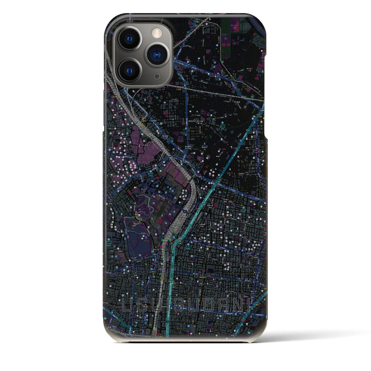 【鶯谷】地図柄iPhoneケース（バックカバータイプ・ブラック）iPhone 11 Pro Max 用