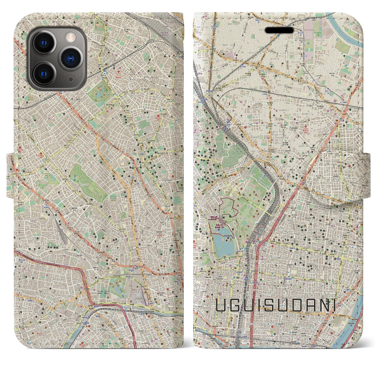 【鶯谷】地図柄iPhoneケース（手帳両面タイプ・ナチュラル）iPhone 11 Pro Max 用
