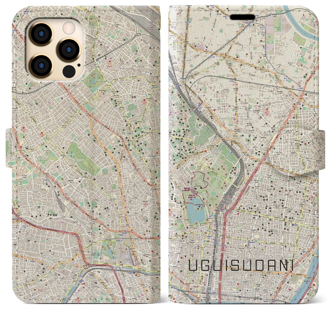 【鶯谷】地図柄iPhoneケース（手帳両面タイプ・ナチュラル）iPhone 12 Pro Max 用