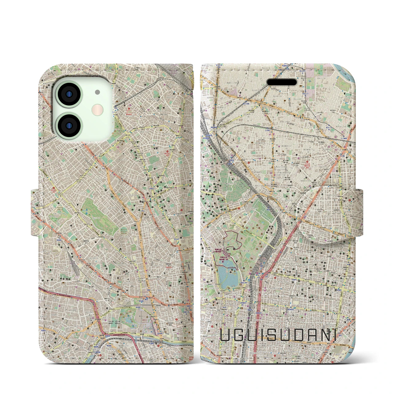 【鶯谷】地図柄iPhoneケース（手帳両面タイプ・ナチュラル）iPhone 12 mini 用