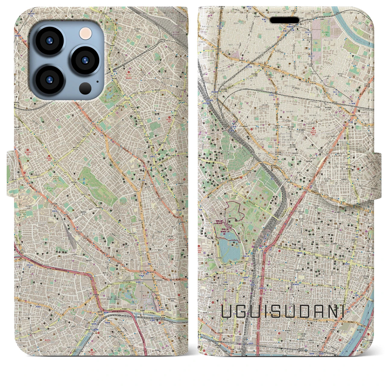 【鶯谷】地図柄iPhoneケース（手帳両面タイプ・ナチュラル）iPhone 13 Pro Max 用