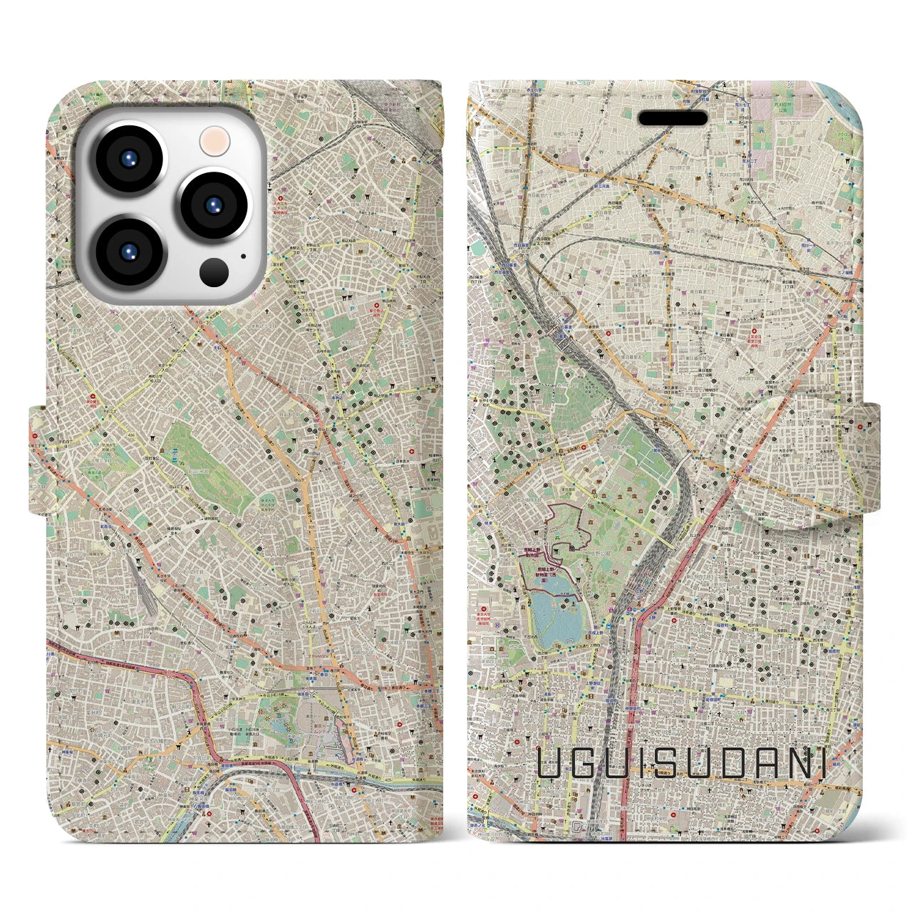 【鶯谷】地図柄iPhoneケース（手帳両面タイプ・ナチュラル）iPhone 13 Pro 用