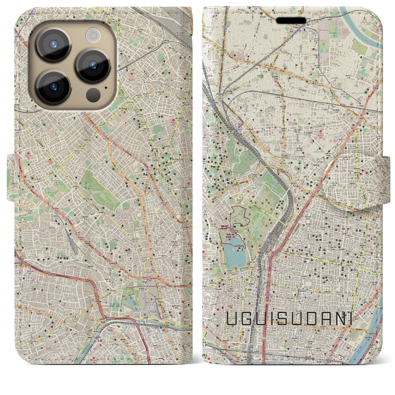 【鶯谷】地図柄iPhoneケース（手帳両面タイプ・ナチュラル）iPhone 14 Pro Max 用