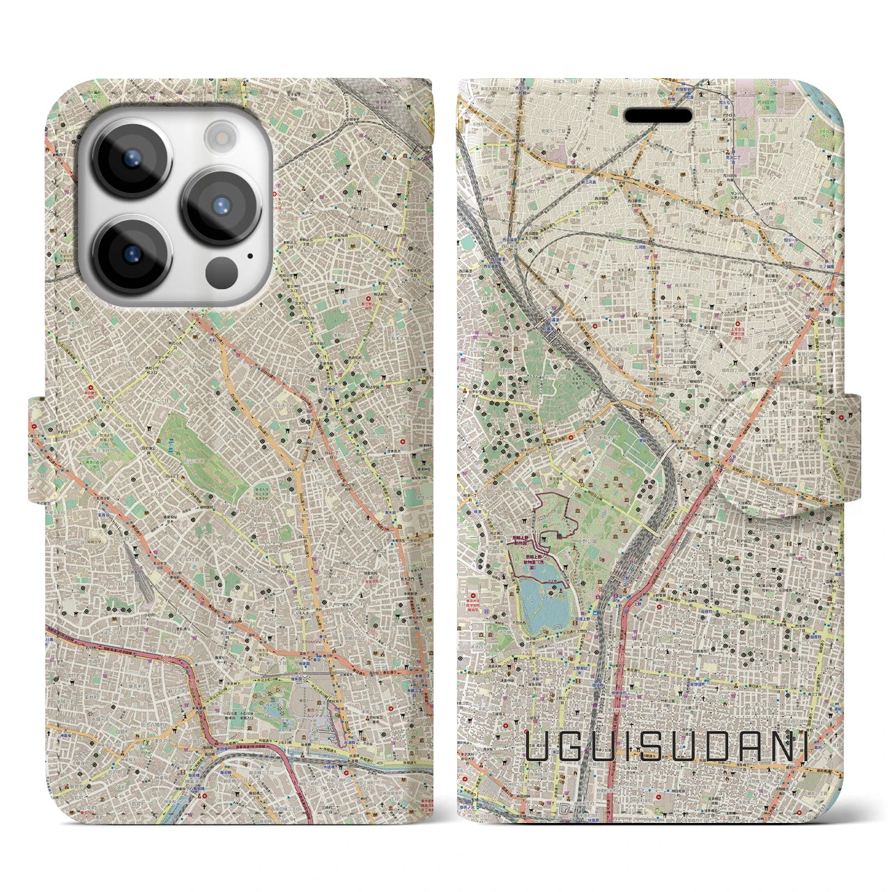 【鶯谷】地図柄iPhoneケース（手帳両面タイプ・ナチュラル）iPhone 14 Pro 用