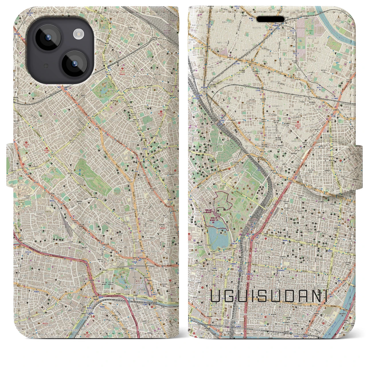 【鶯谷】地図柄iPhoneケース（手帳両面タイプ・ナチュラル）iPhone 14 Plus 用