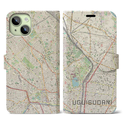 【鶯谷（東京都）】地図柄iPhoneケース（手帳タイプ）ナチュラル・iPhone 15 用