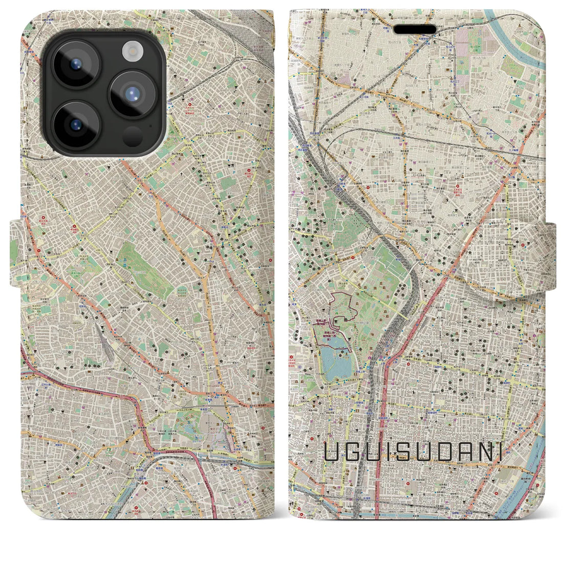 【鶯谷】地図柄iPhoneケース（手帳両面タイプ・ナチュラル）iPhone 15 Pro Max 用