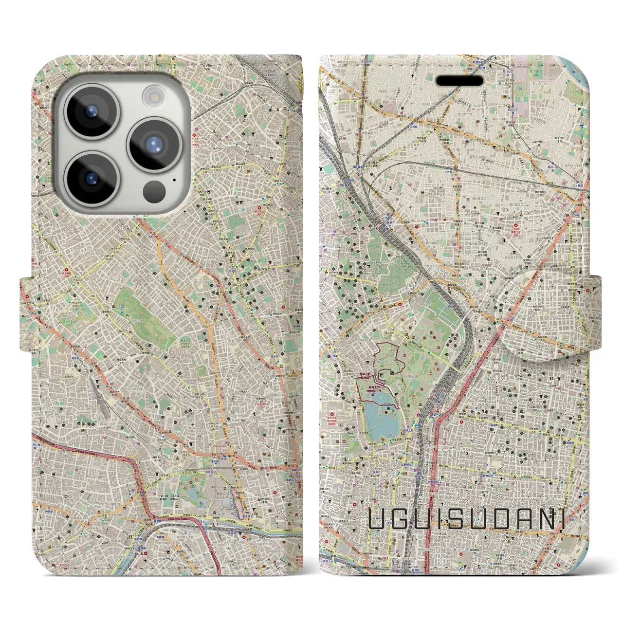 【鶯谷】地図柄iPhoneケース（手帳両面タイプ・ナチュラル）iPhone 15 Pro 用