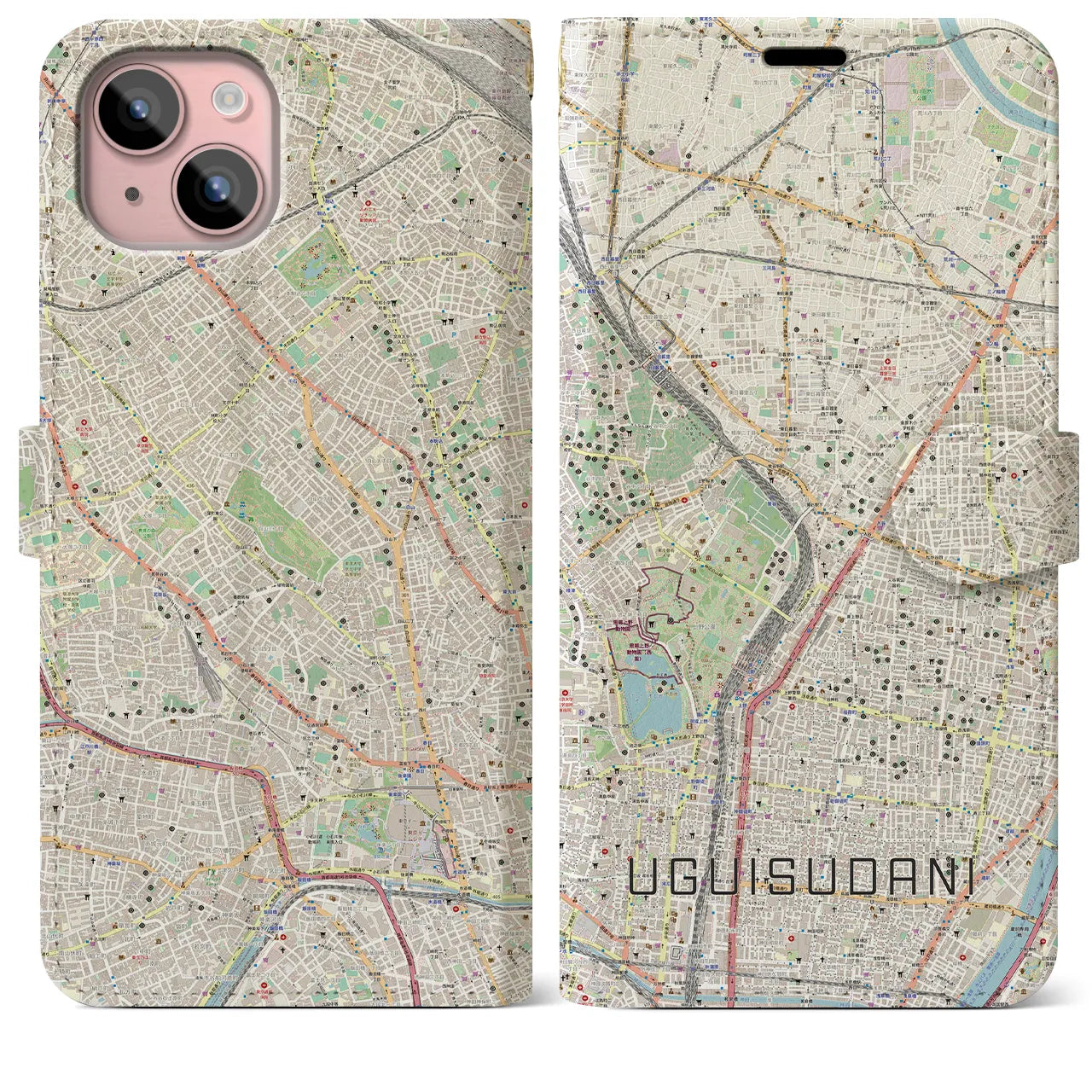 【鶯谷】地図柄iPhoneケース（手帳両面タイプ・ナチュラル）iPhone 15 Plus 用