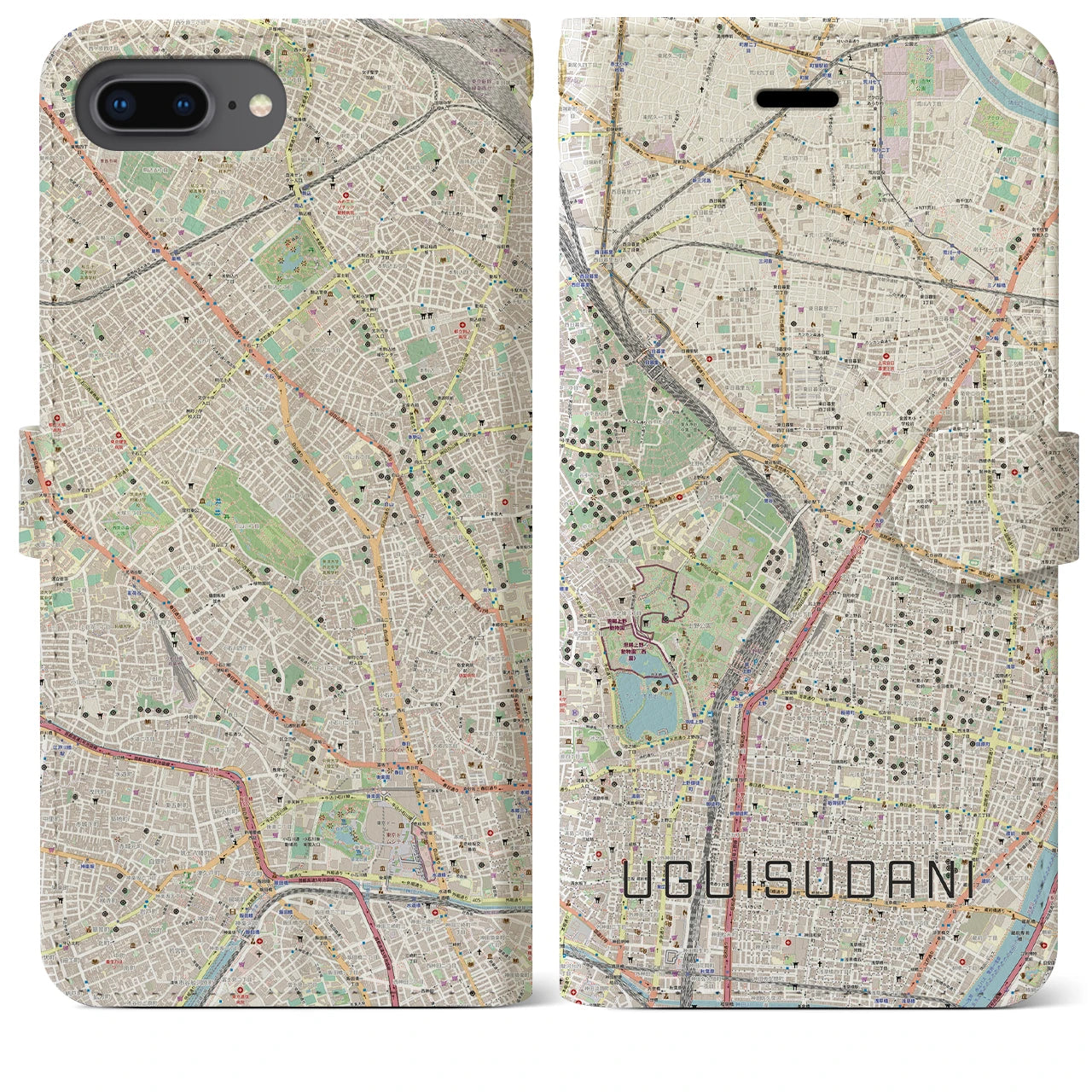 【鶯谷】地図柄iPhoneケース（手帳両面タイプ・ナチュラル）iPhone 8Plus /7Plus / 6sPlus / 6Plus 用