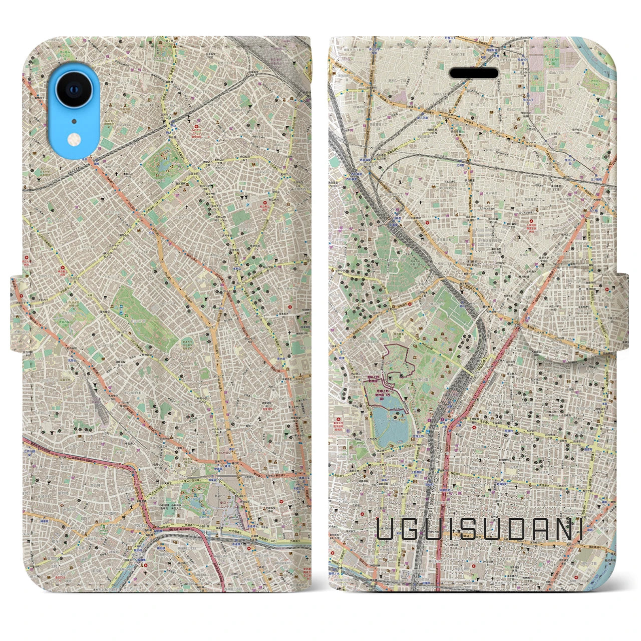 【鶯谷】地図柄iPhoneケース（手帳両面タイプ・ナチュラル）iPhone XR 用